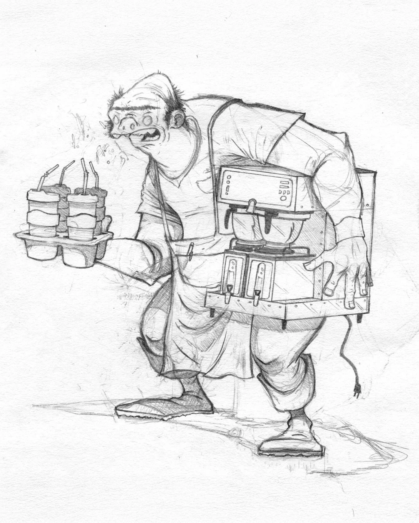 I am a tea drinker. But the caffeine addicted, espresso-fueled character and event depicted in this drawing is fictitious. Any similarity to actual persons, living or dead, coworkers, friends, or otherwise, is purely coincidental. 😝