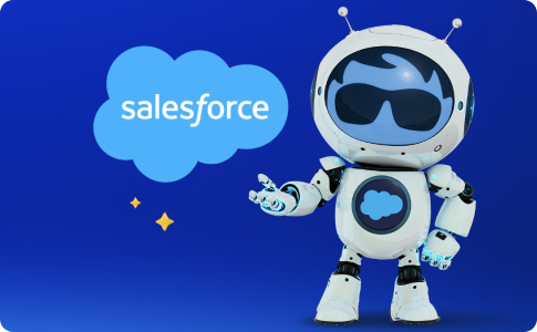 Salesforce's agentbot standing next to a Salesforce logo
