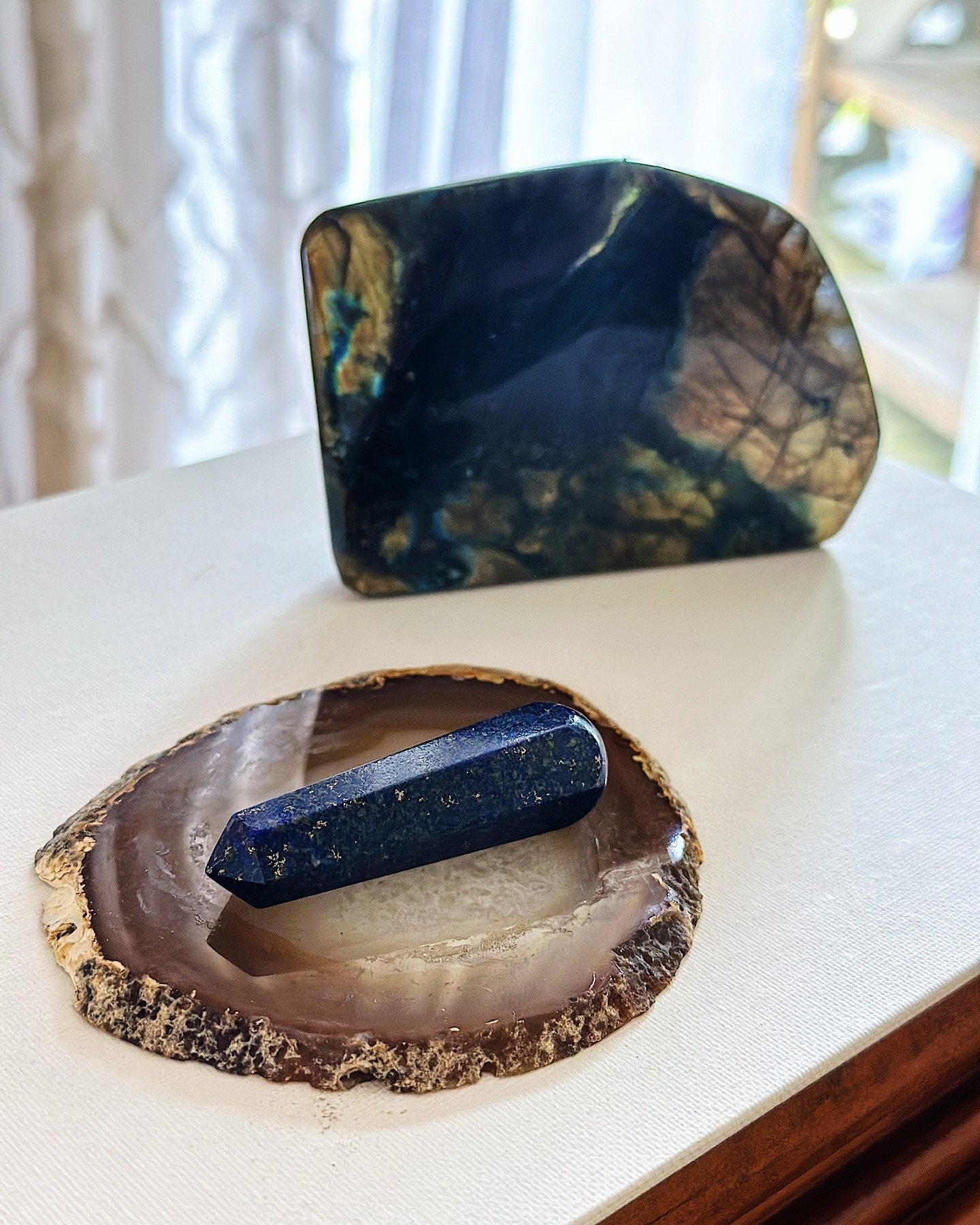 Writing about ancient Egyptian crystal magic today, these are my two allies:

Lapis lazuli - awakening, ancient memory, awareness
Labradorite - the magician&rsquo;s stone, activating inner magic

Channeling the teachings of old knowledge and lost rea