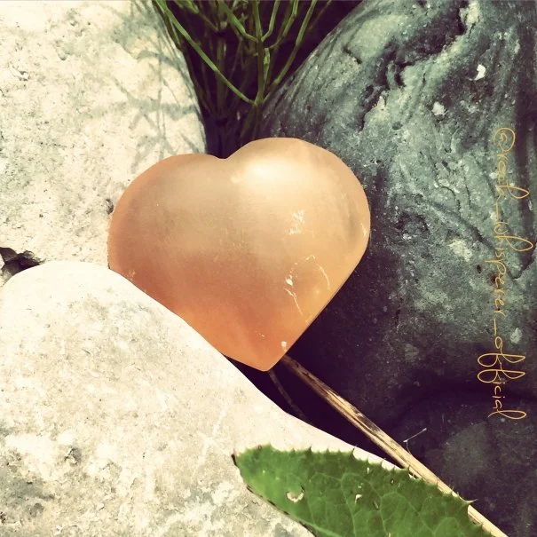 a peach selenite crystal surrounded by rocks