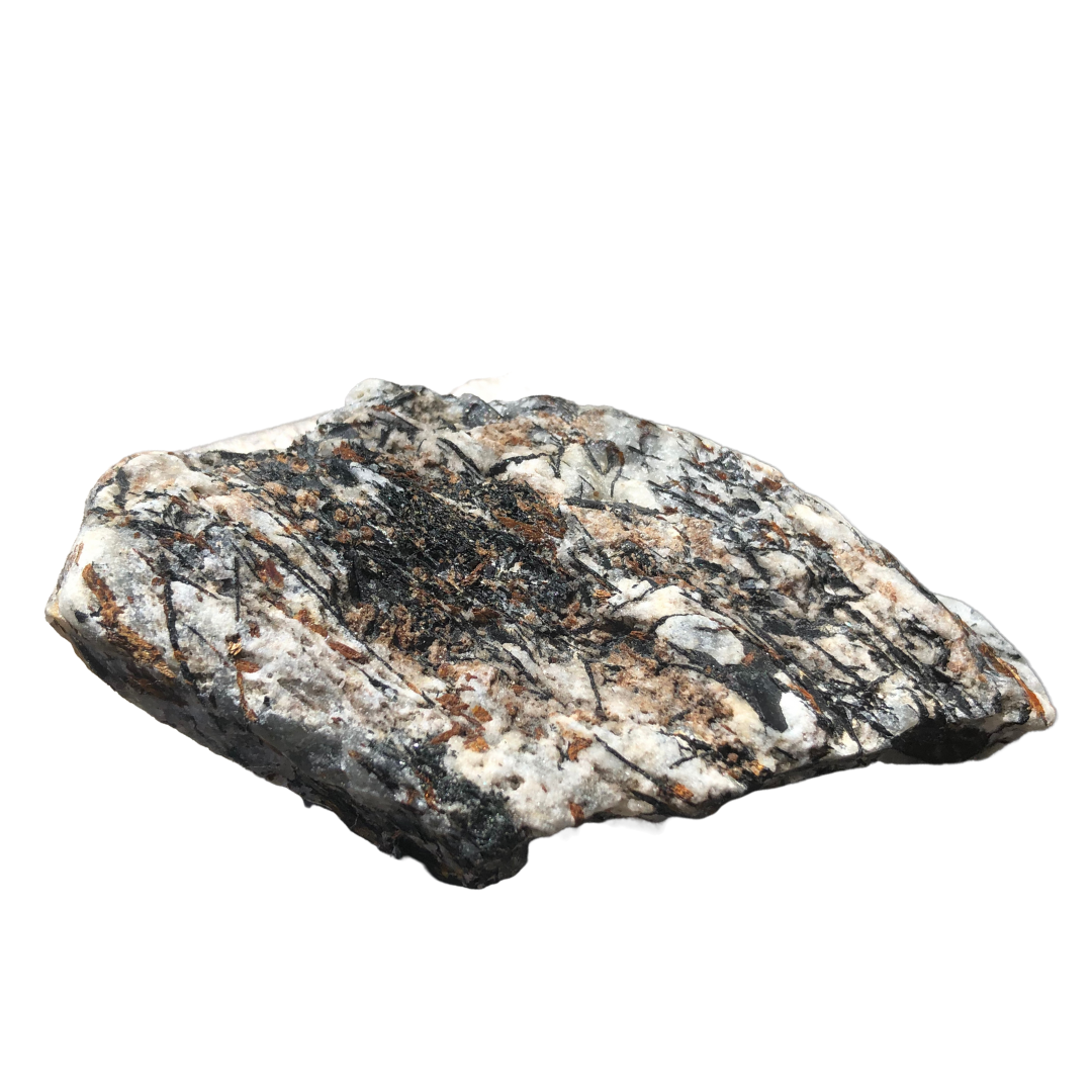 a natural specimen of astrophyllite which shows off its white matrix and copper colored astrophyllite