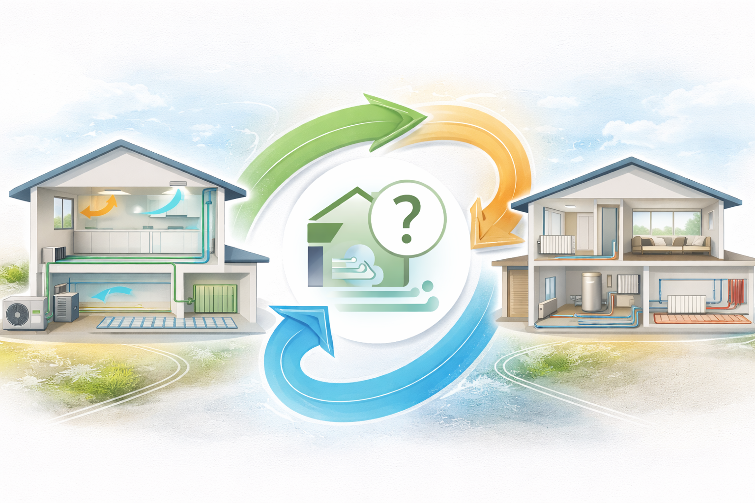 Illustration of a sustainable home energy system showing heat exchange between a house with solar panels and a clean energy heating system, with arrows indicating energy flow and recycling.