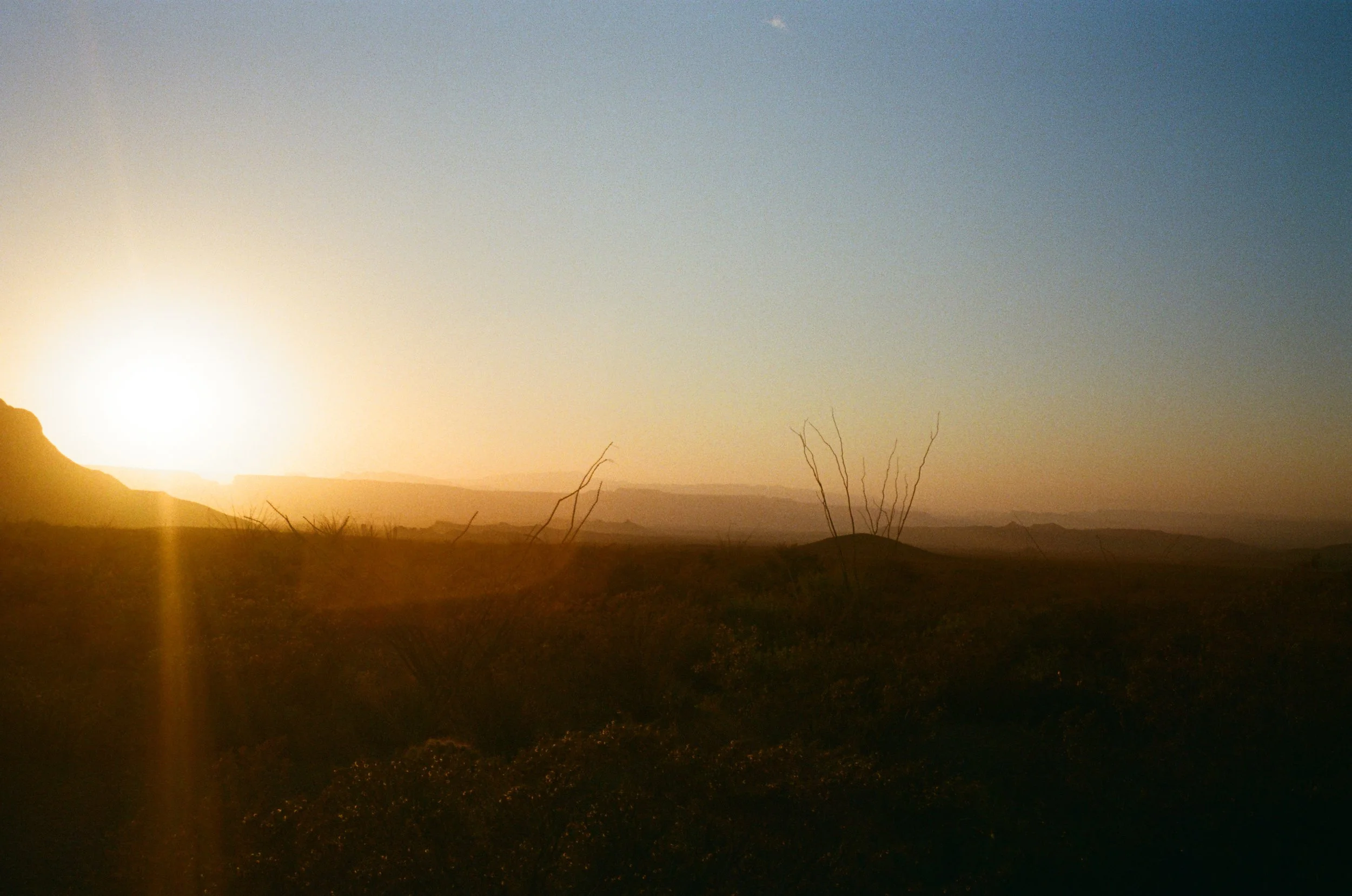 Desert landscape at sunset with a mountain on the left and sparse, dry vegetation in the foreground.