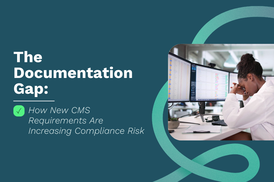 Nurse reviewing documentation at computer showing stress from increasing CMS compliance requirements in an Ambulatory Surgery Center