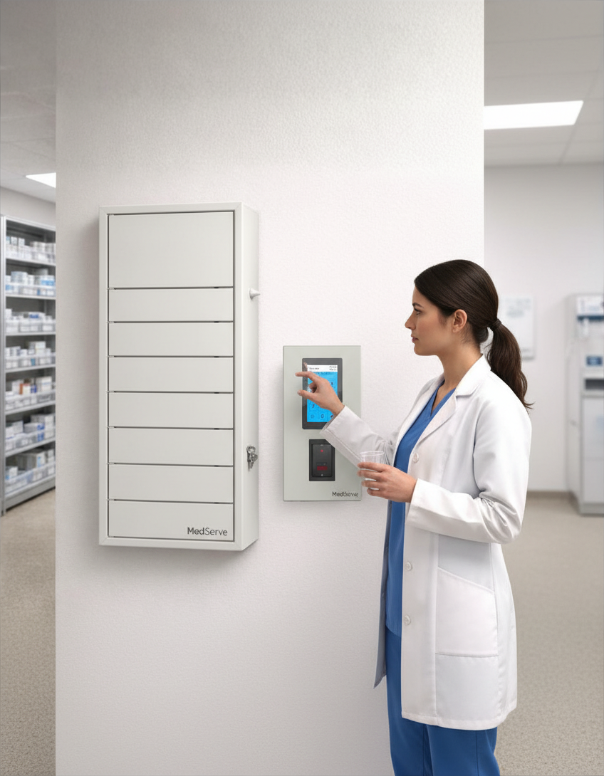 Clinician using a MedServe medication management storage solution with a MedServe HUB in an outpatient surgery setting.