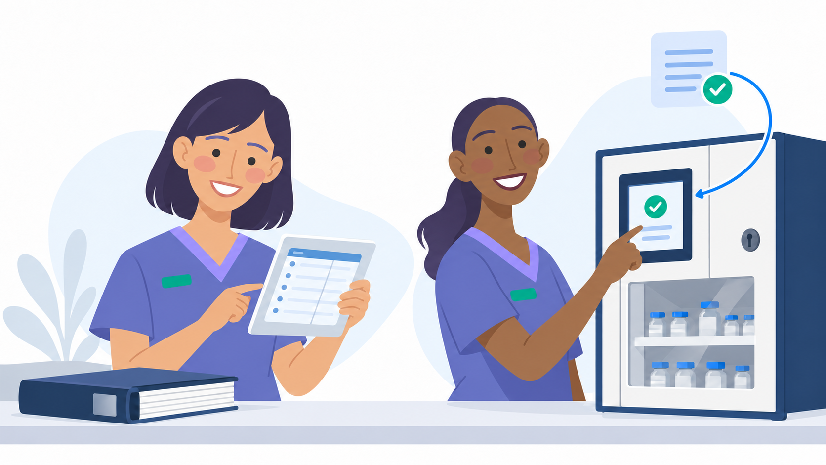 Cartoon nurses using a digital narcotic log and an integrated medication management cabinet.