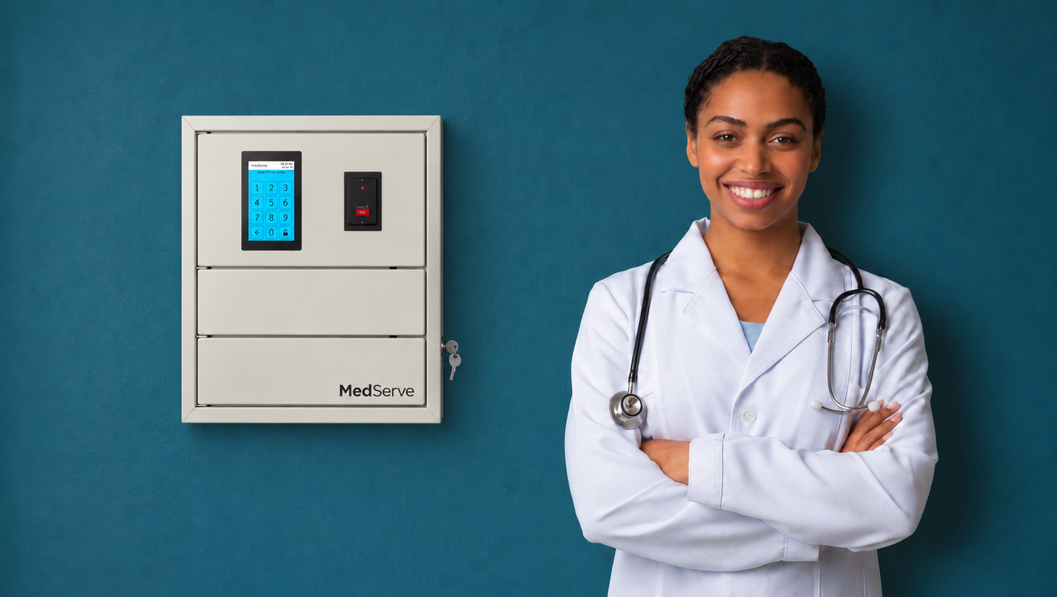 Smiling physician in a white coat standing beside a MedServe cabinet with touchscreen PIN pad and badge reader mounted on a teal wall