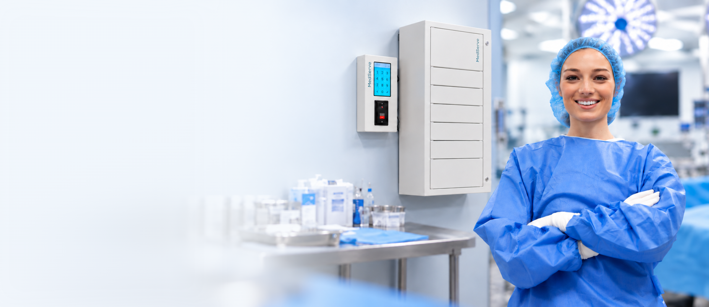 Smiling ASC clinician standing in front of a wall-mounted MedServe HUB and Flex cabinet.