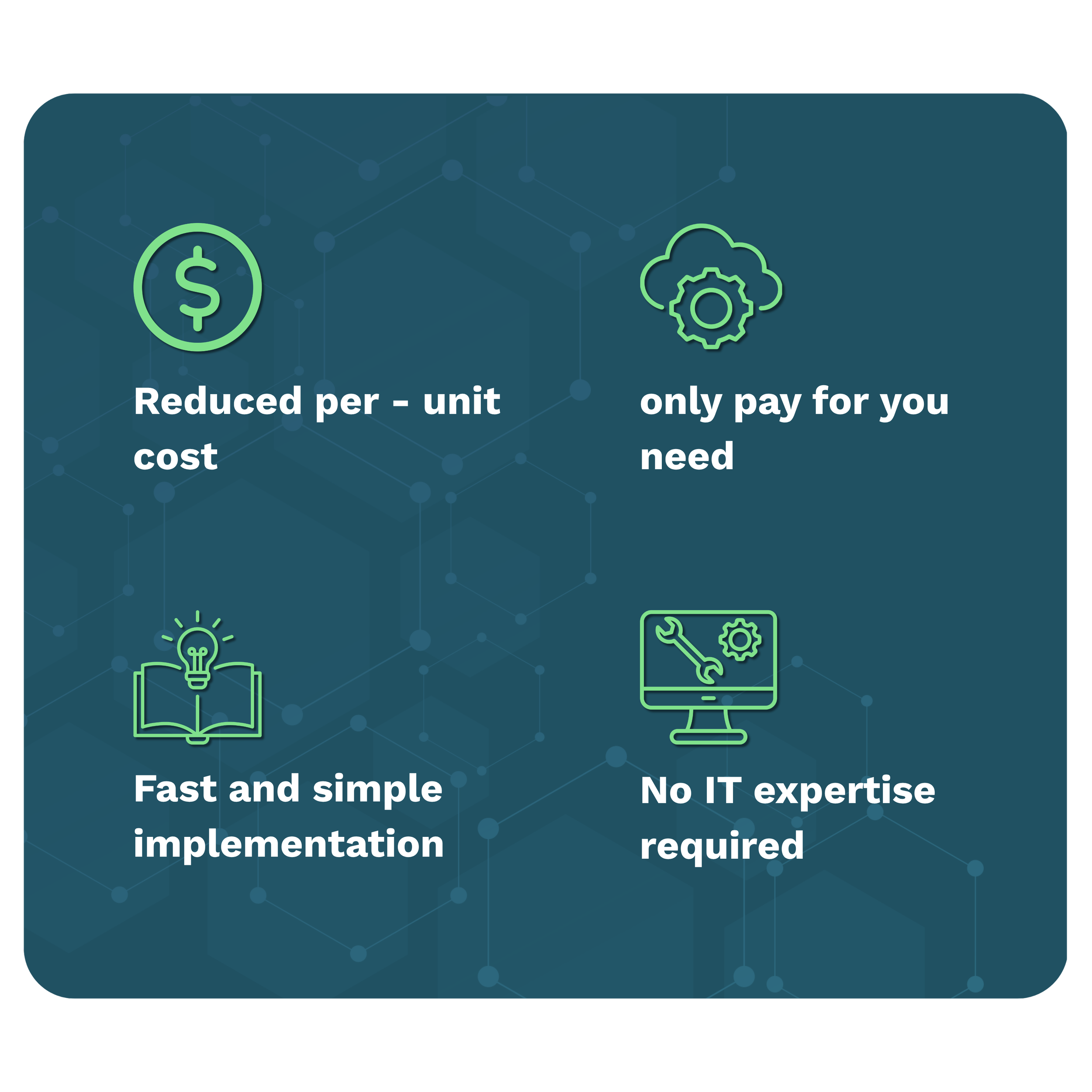 reduce per - unit cost, only pay for what you need, fast and simple implementation, no IT expertise required when you work with medserve