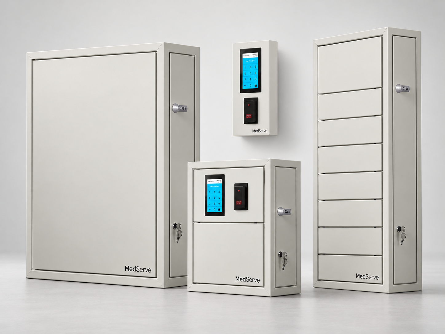 MedServe medication management hardware lineup featuring the XL cabinet, Flex cabinet, Mini X cabinet, and touchscreen access Hub.