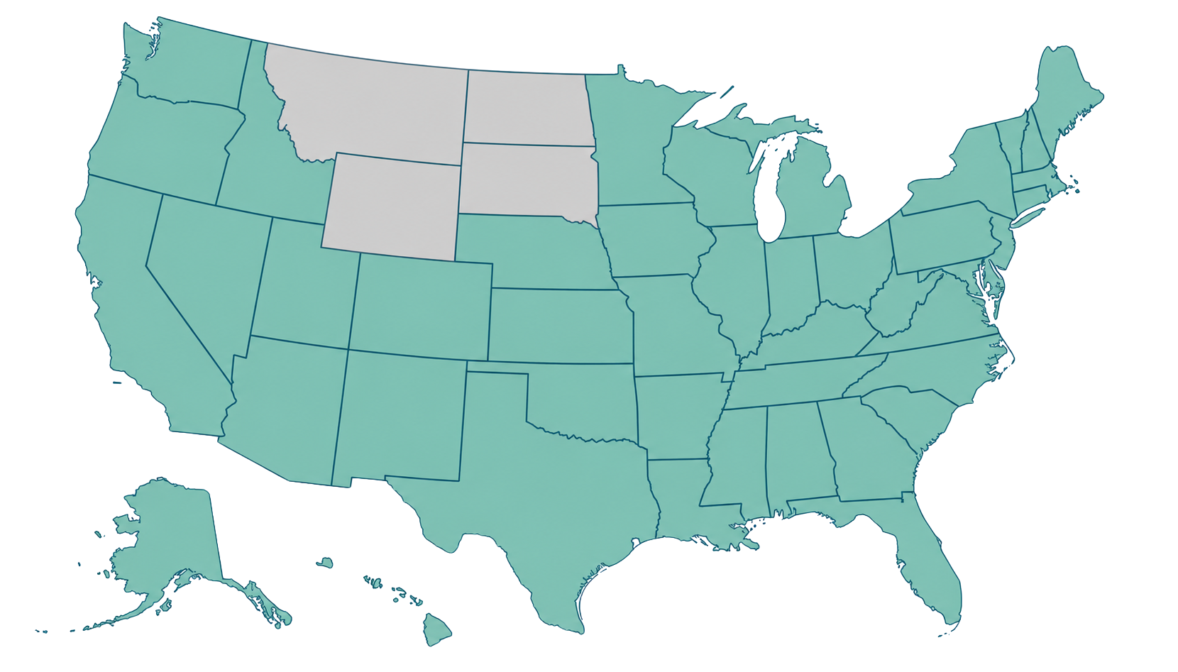 Map of the united states showing 46 states where MedServe is located. Not colored wyoming, montana, south dakota and north dakota.
