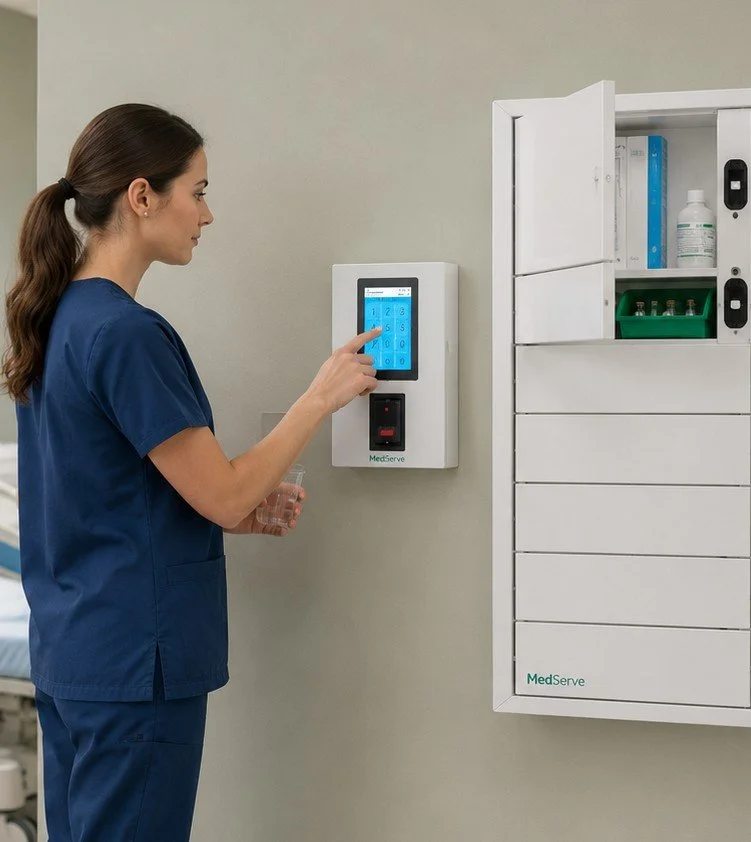 A nurse using a wall-mounted MedServe Flex with separate hub.