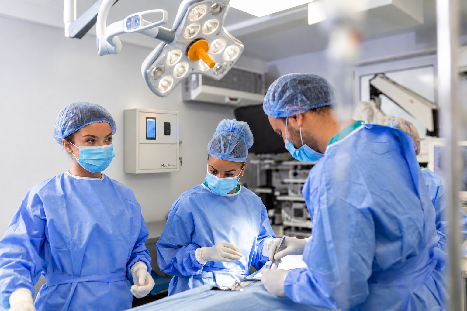 Surgical team in an ambulatory surgery center with a MedServe Mini X medication cabinet mounted on the wall.