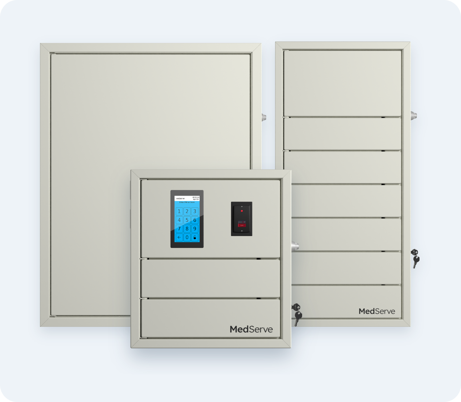 The MedServe XL, Mini X, and Flex in front of the a blue background.