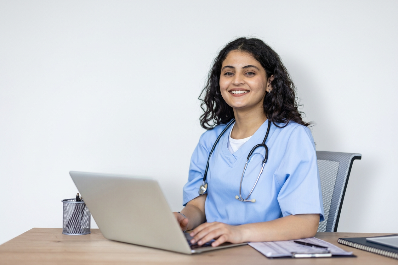 A smiling healthcare professional with a laptop