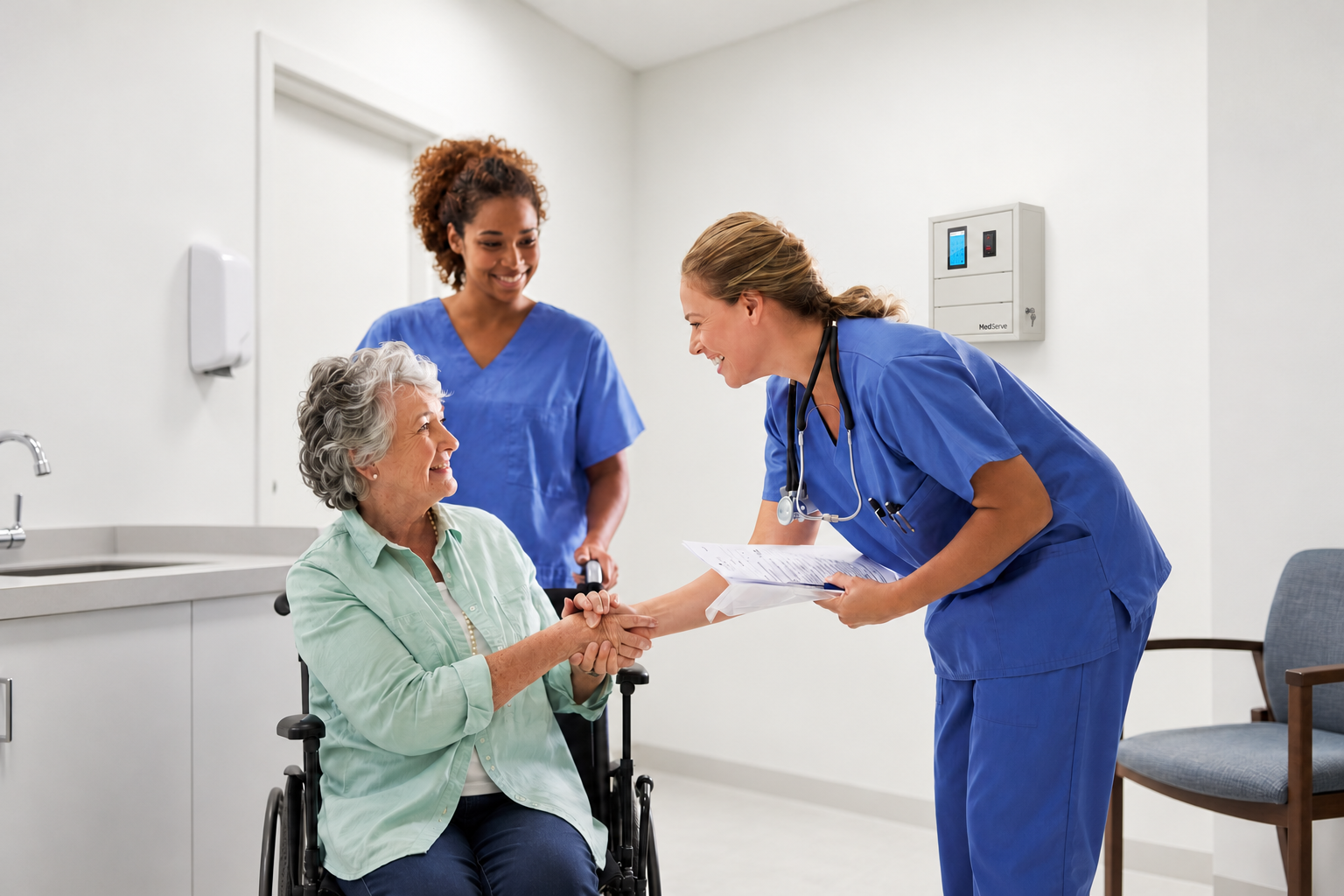 Two nurses assisting an older patient in a wheelchair, with a MedServe Mini Flex mounted on the wall behind them.