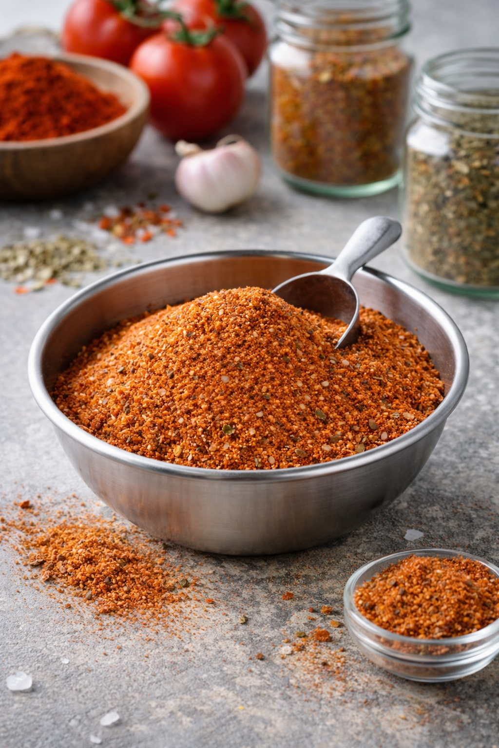 Spray-dried tomato powder blended into a dry seasoning system, shown as a uniform red-orange powder mix in a stainless steel bowl for food formulation applications.