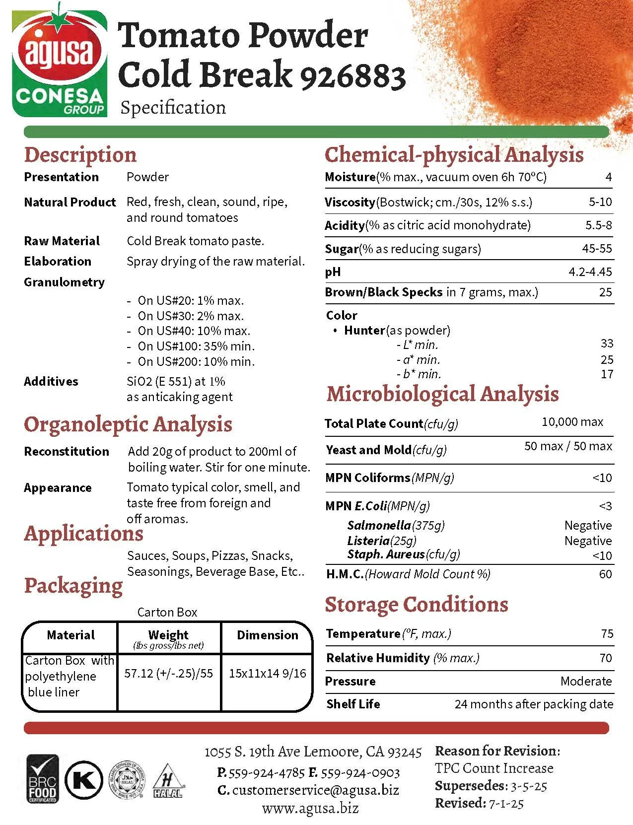 Cold break tomato powder specification sheet showing applications and functional characteristics.
