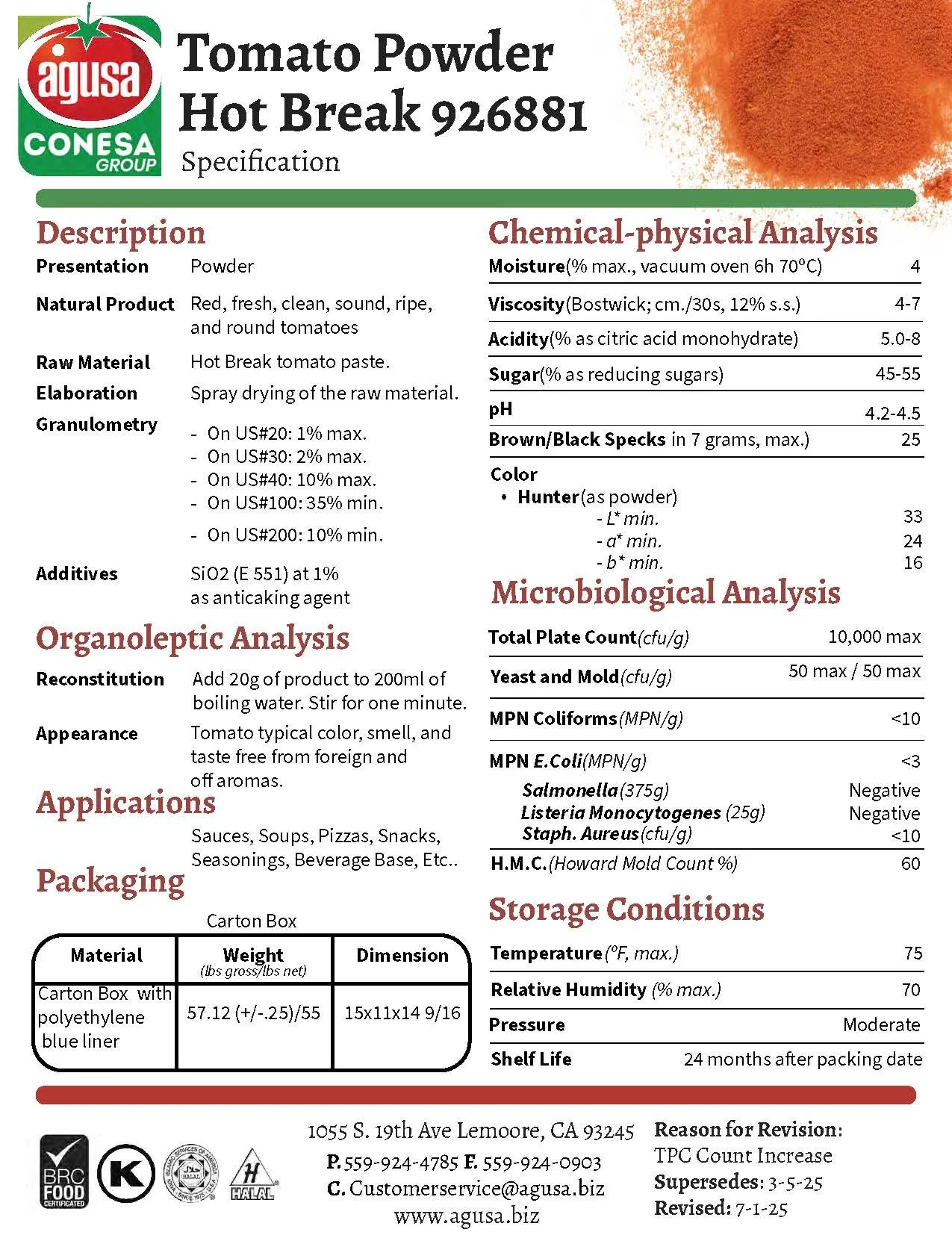 Hot break tomato powder specification sheet showing applications and functional characteristics.