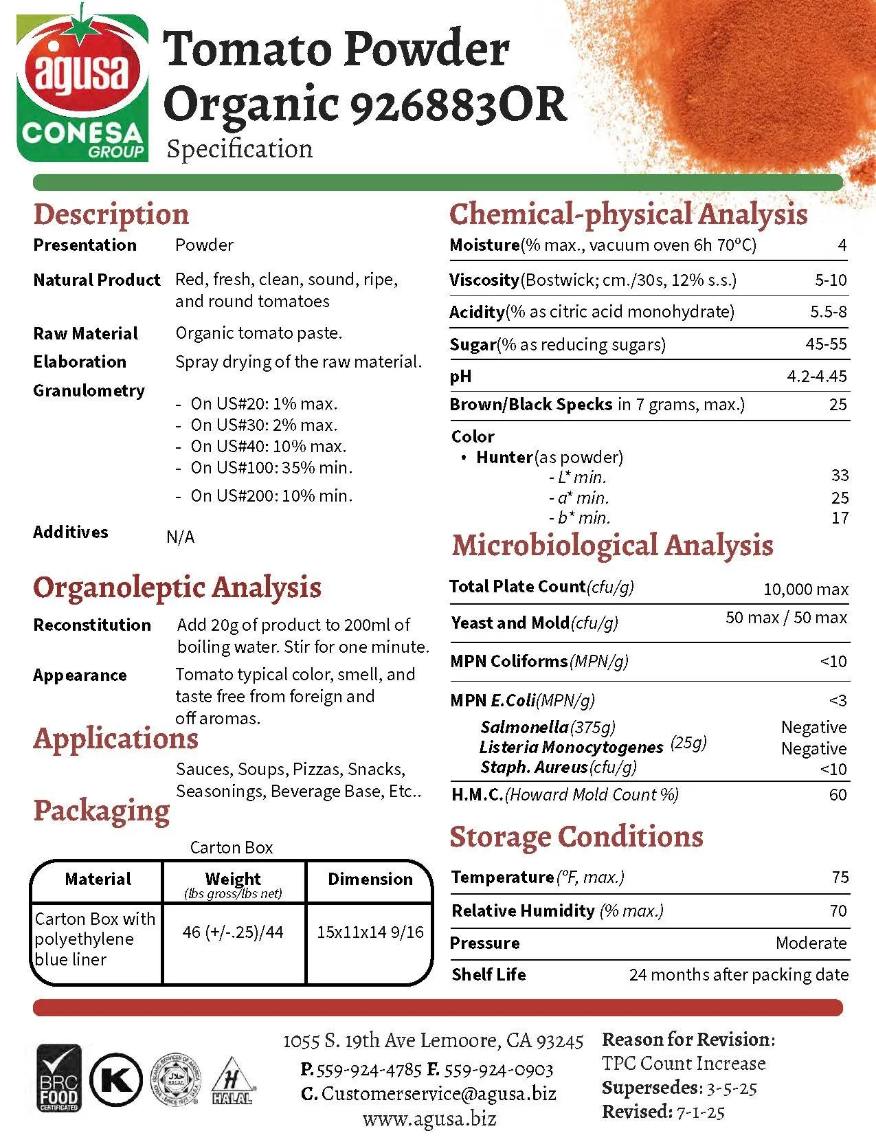 Organic tomato powder specification sheet showing applications and functional characteristics.