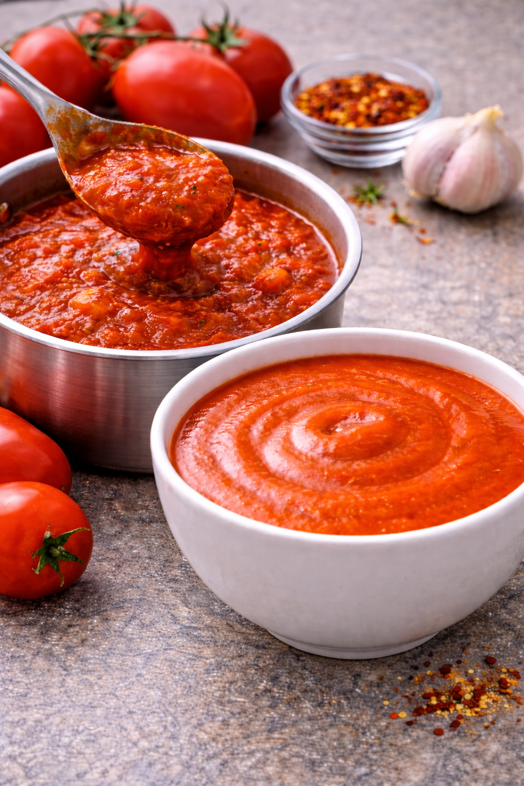 Hot break spray-dried tomato powder applied in a high-viscosity tomato sauce system for body, thickness, and cooked tomato character.