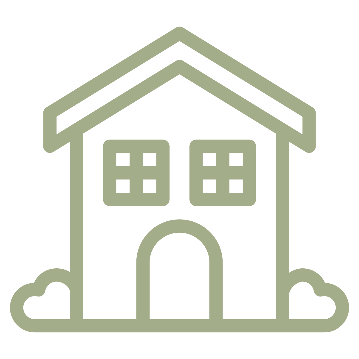 Line drawing of a house with two windows, a door, and small bushes on each side.