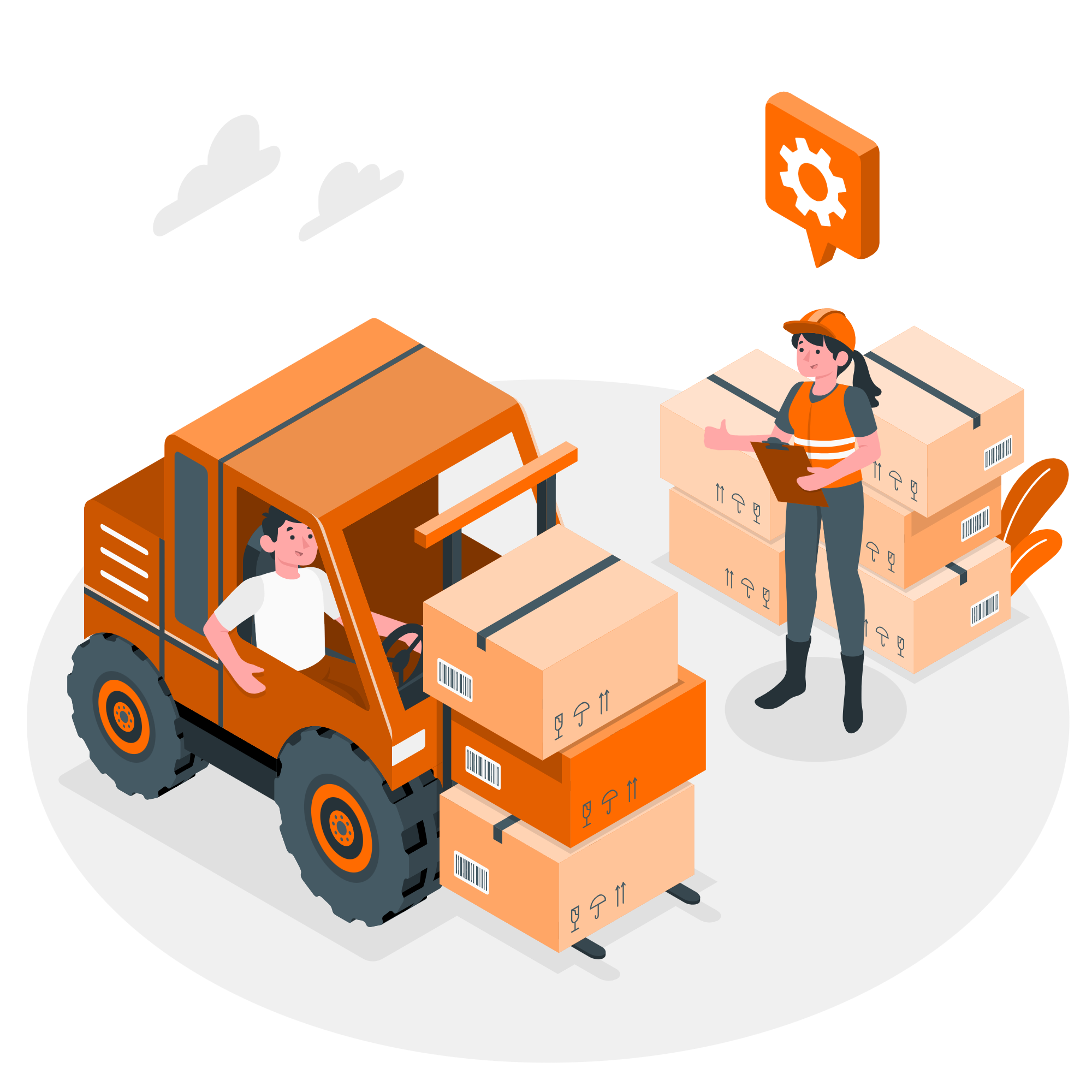 A person driving a forklift and a woman with a clipboard inspecting boxes in a warehouse.