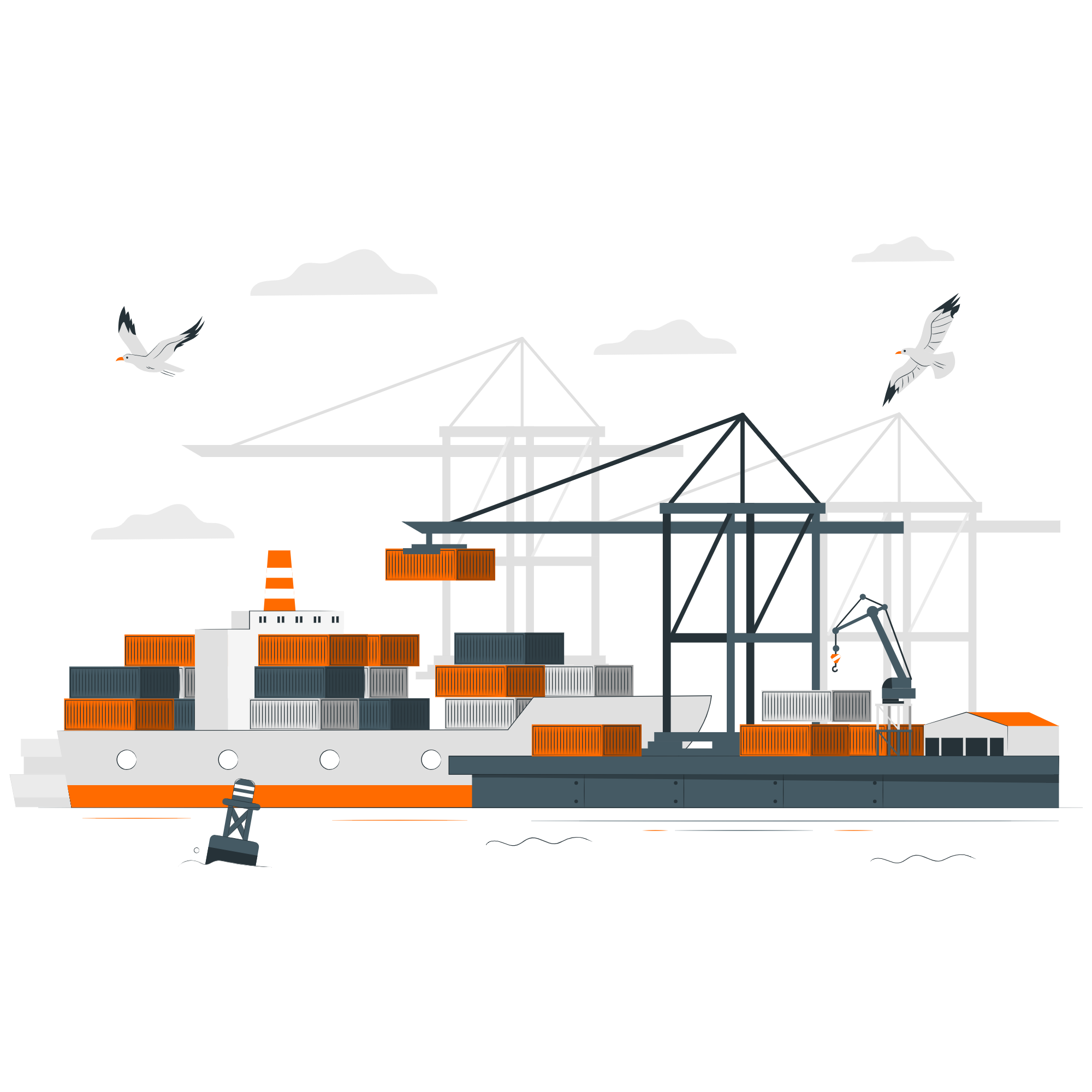 A large cargo ship filled with containers in orange, white, black, and gray, docked at a port with crane equipment for loading and unloading. Seagulls fly in the sky above, which has scattered clouds.
