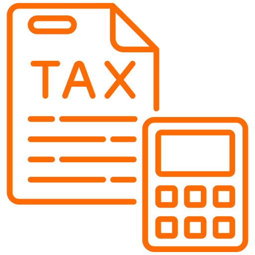 Outline icon of a tax document and calculator in orange.