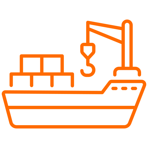 Outline of a cargo ship with stacked containers and a crane on deck in orange line art.