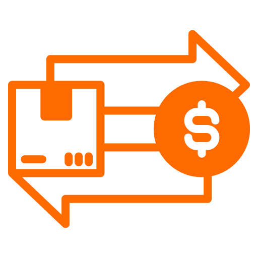 Orange line drawing of a dollar sign between two arrows pointing in opposite directions, connected to a credit card icon.