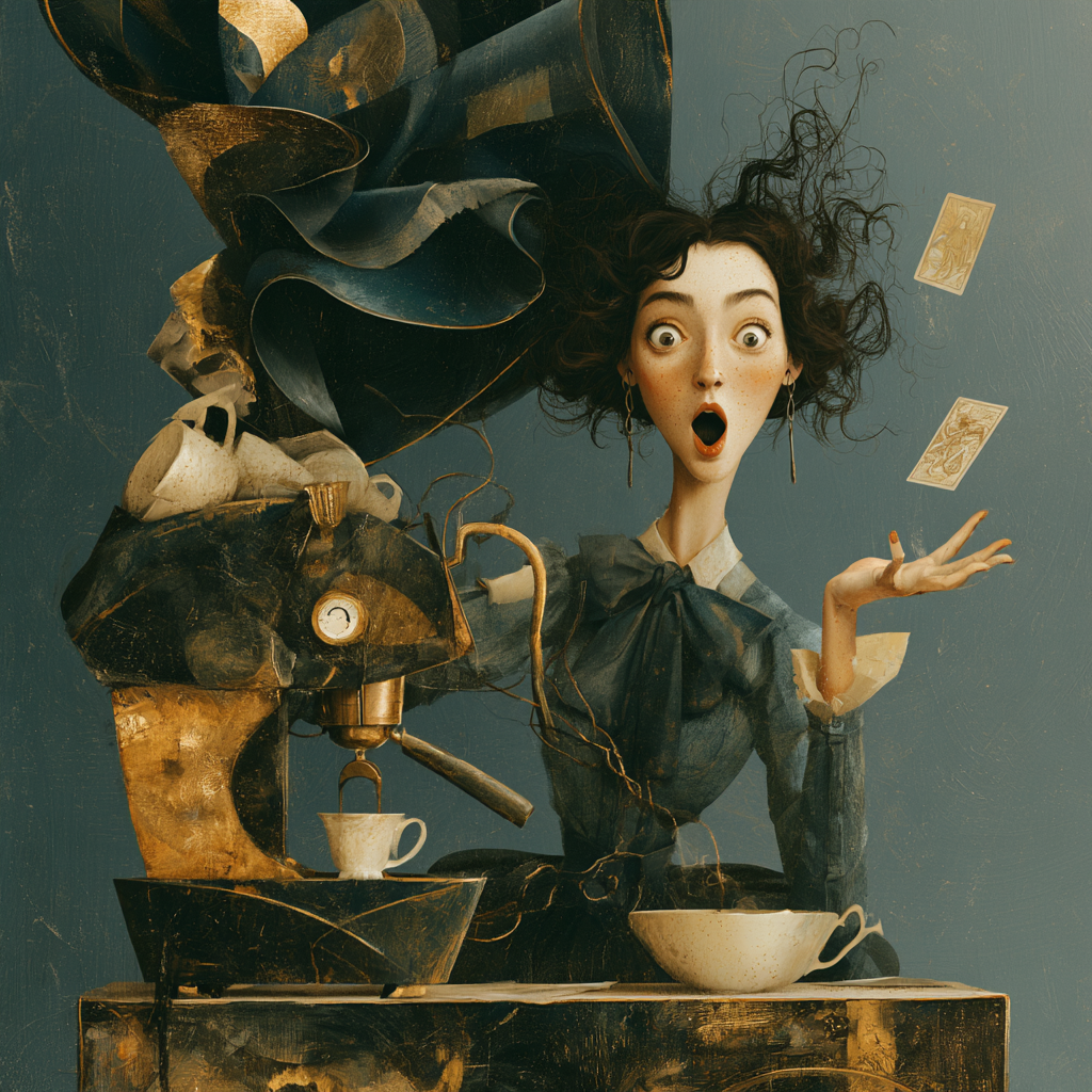 Illustration of a woman with dark curly hair holding tarot cards, with mystical symbols and celestial imagery in the background.