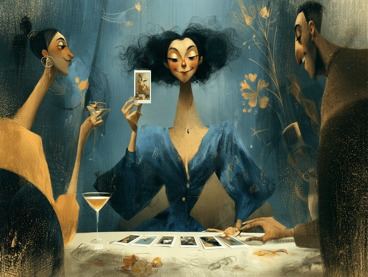 Illustration of a woman with white hair walking along a path made of tarot cards, holding a coffee cup.