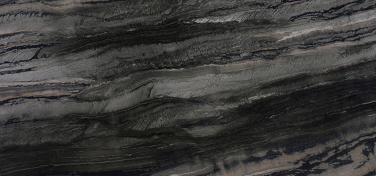 Galapagos quartzite slab with green black and earthy natural movement