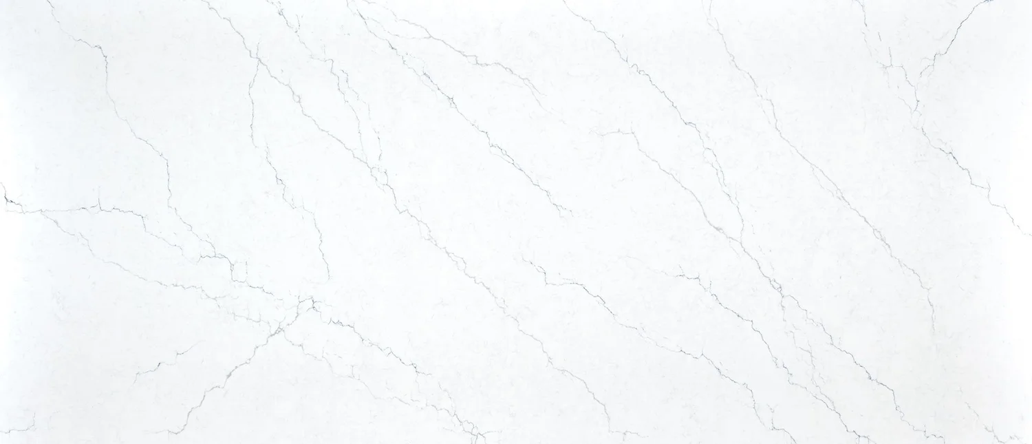 Calacatta Miraggio Cielo quartz product image with a white background and fine blue-gray veining