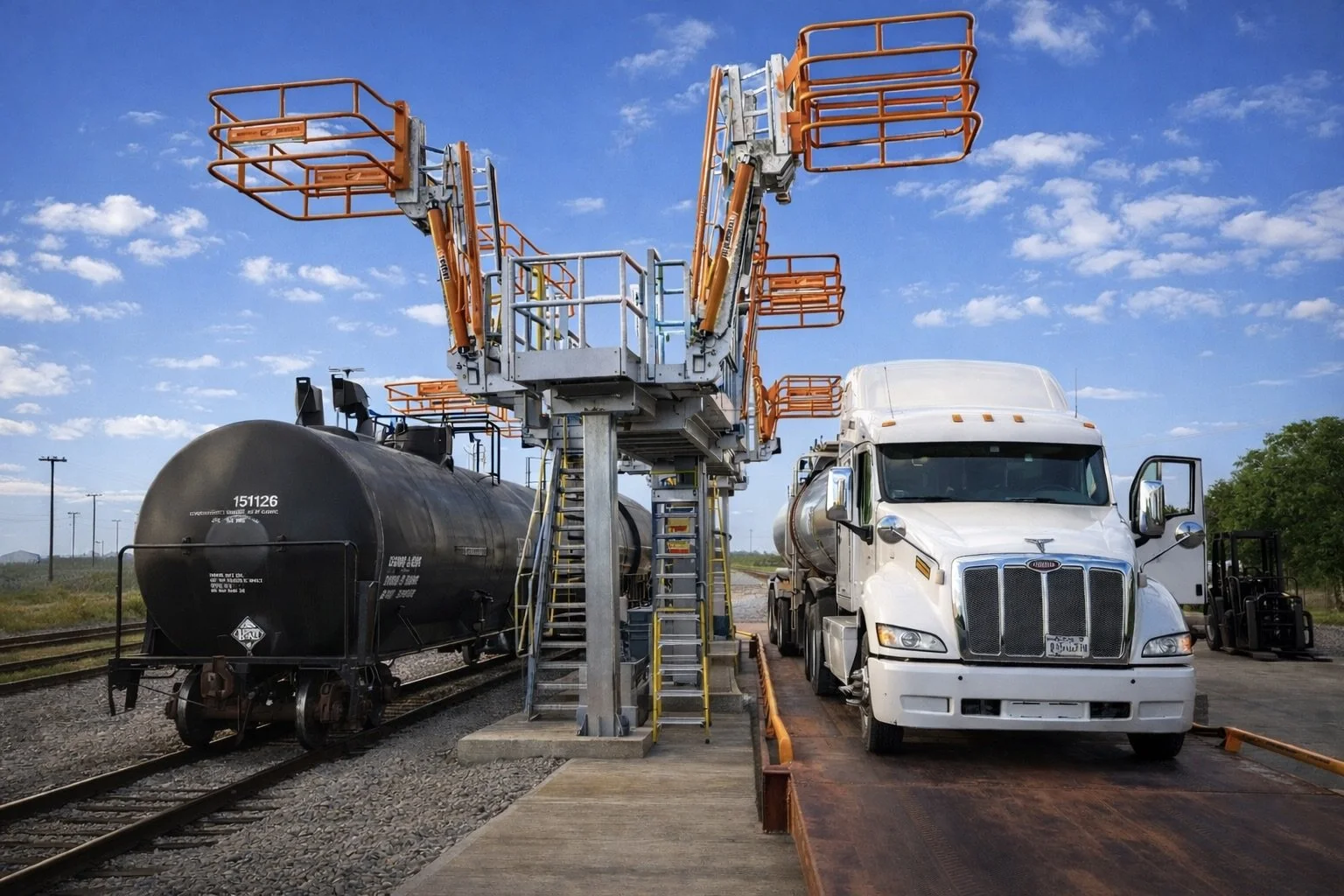 Truck and rail tank car positioned at a liquid bulk transfer facility