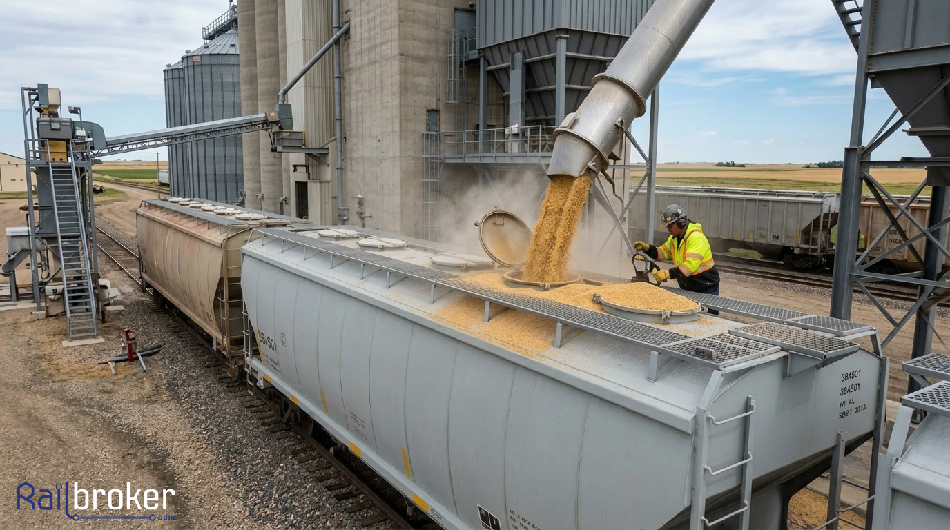 Grain elevator loading grain hopper railcars