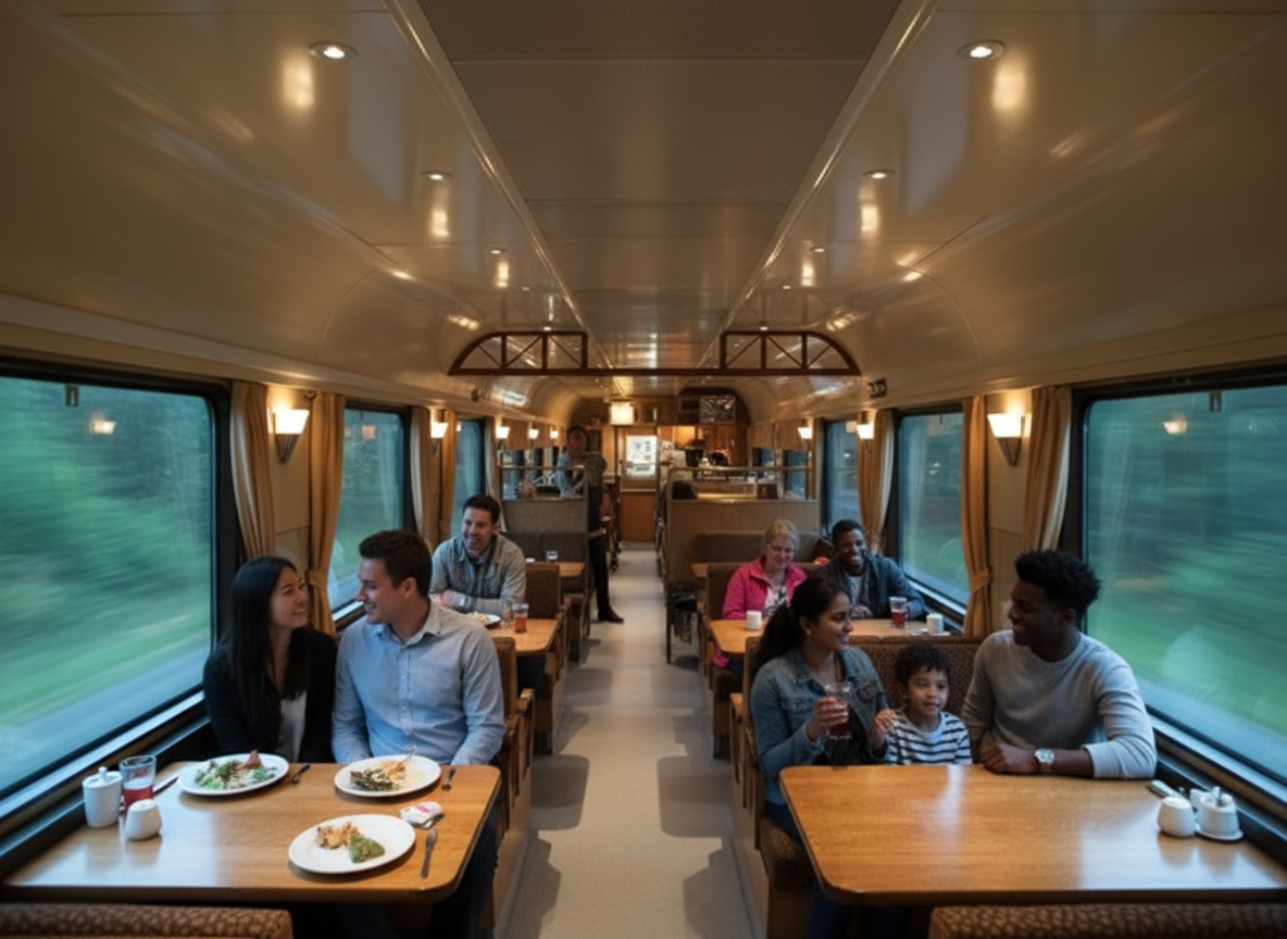 People enjoying a train dining car with large windows, wooden tables, and warm lighting.