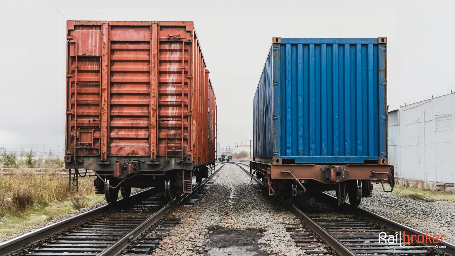 Split image showing boxcar and intermodal container on rail
