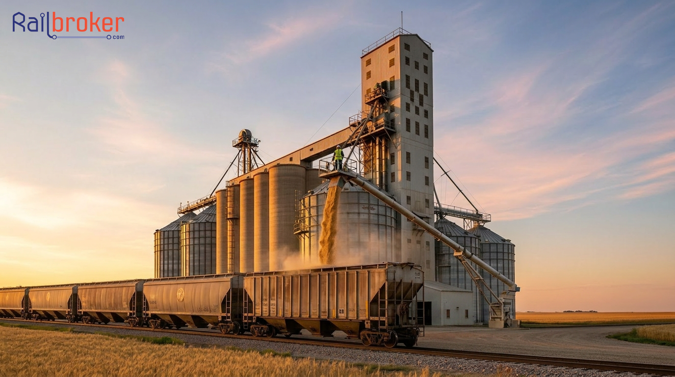 Grain elevator loading grain hopper railcars