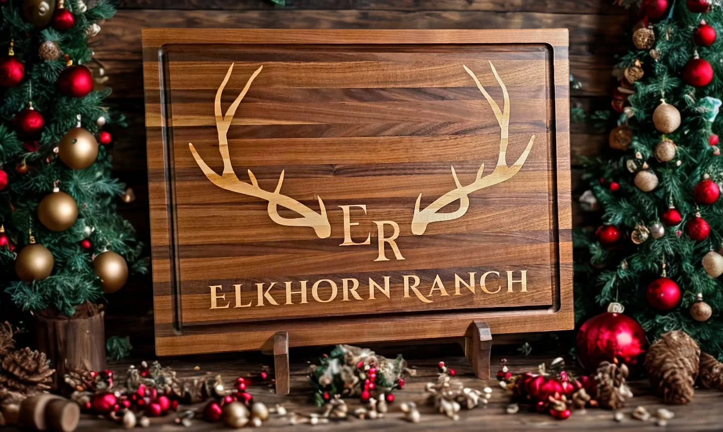 A feast for your eyes, and a workhorse in your kitchen.
This 24 x 18 x 1.5 walnut edge-grain cutting board feels right at home in a hunting lodge or a modern kitchen. The rich walnut tones paired with the edge-grain maple inlay bring this logo to lif