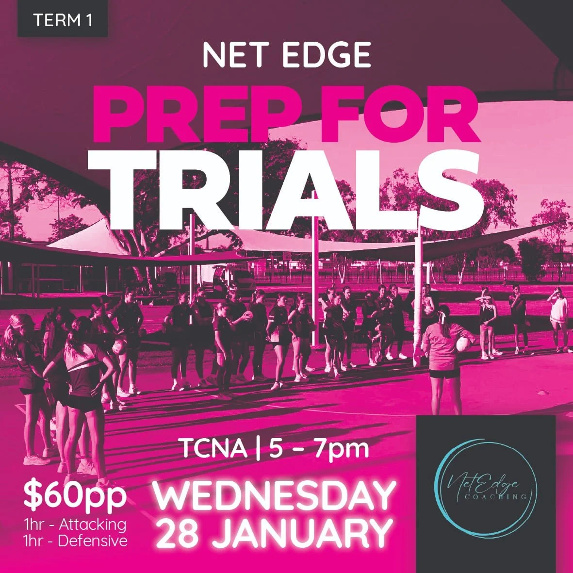 Poster advertising a prep for trials rugby training event at TCNA on Wednesday, January 28, from 5 to 7 PM, costing $60 per person, with 1 hour for attacking drills and 1 hour for defensive drills, organized by VET Edge Coaching.