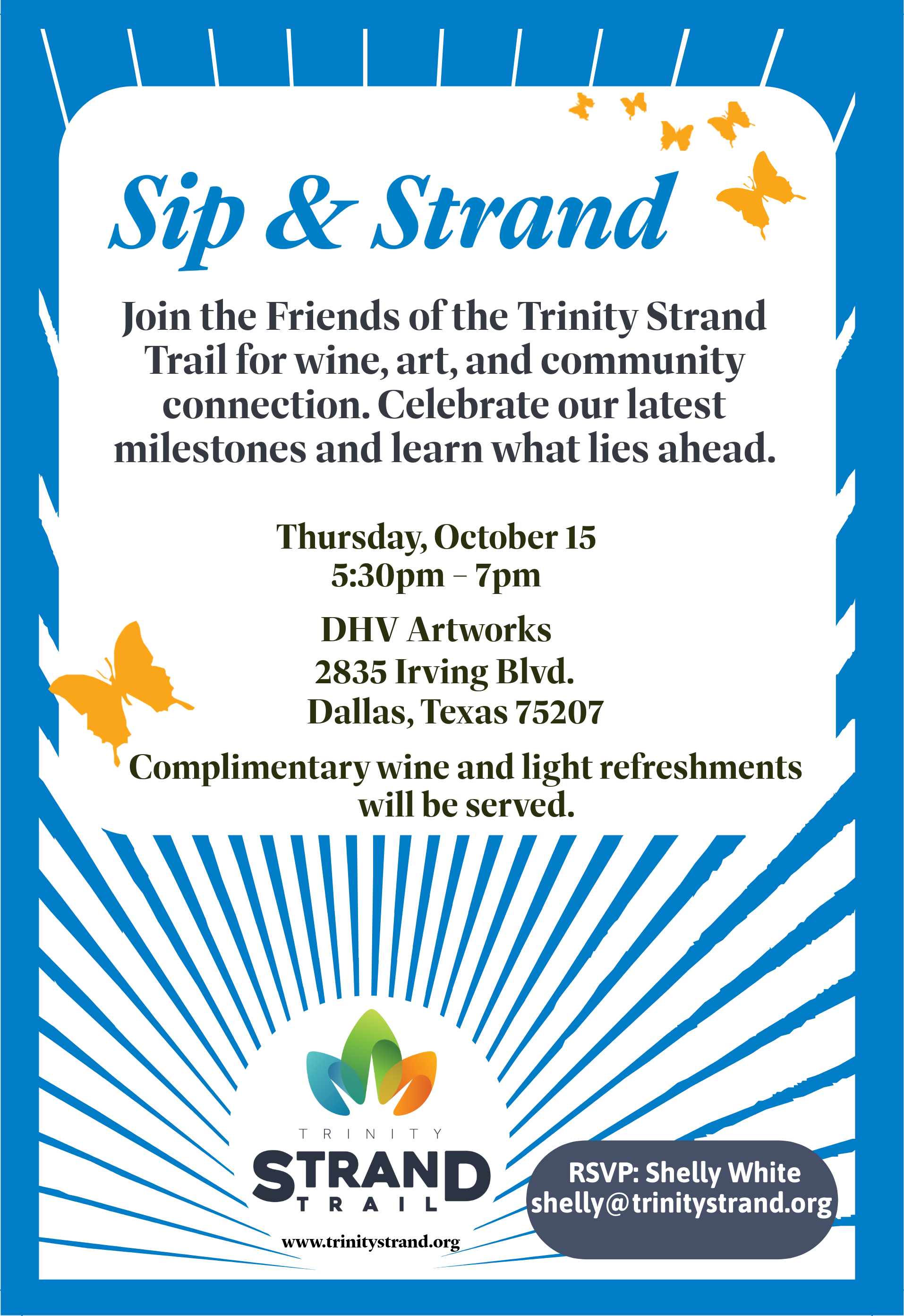 Sip & Strand flyer: Thursday, October 15, 5:30pm to 7pm at DHV Artworks, 2835 Irving Blvd., Dallas