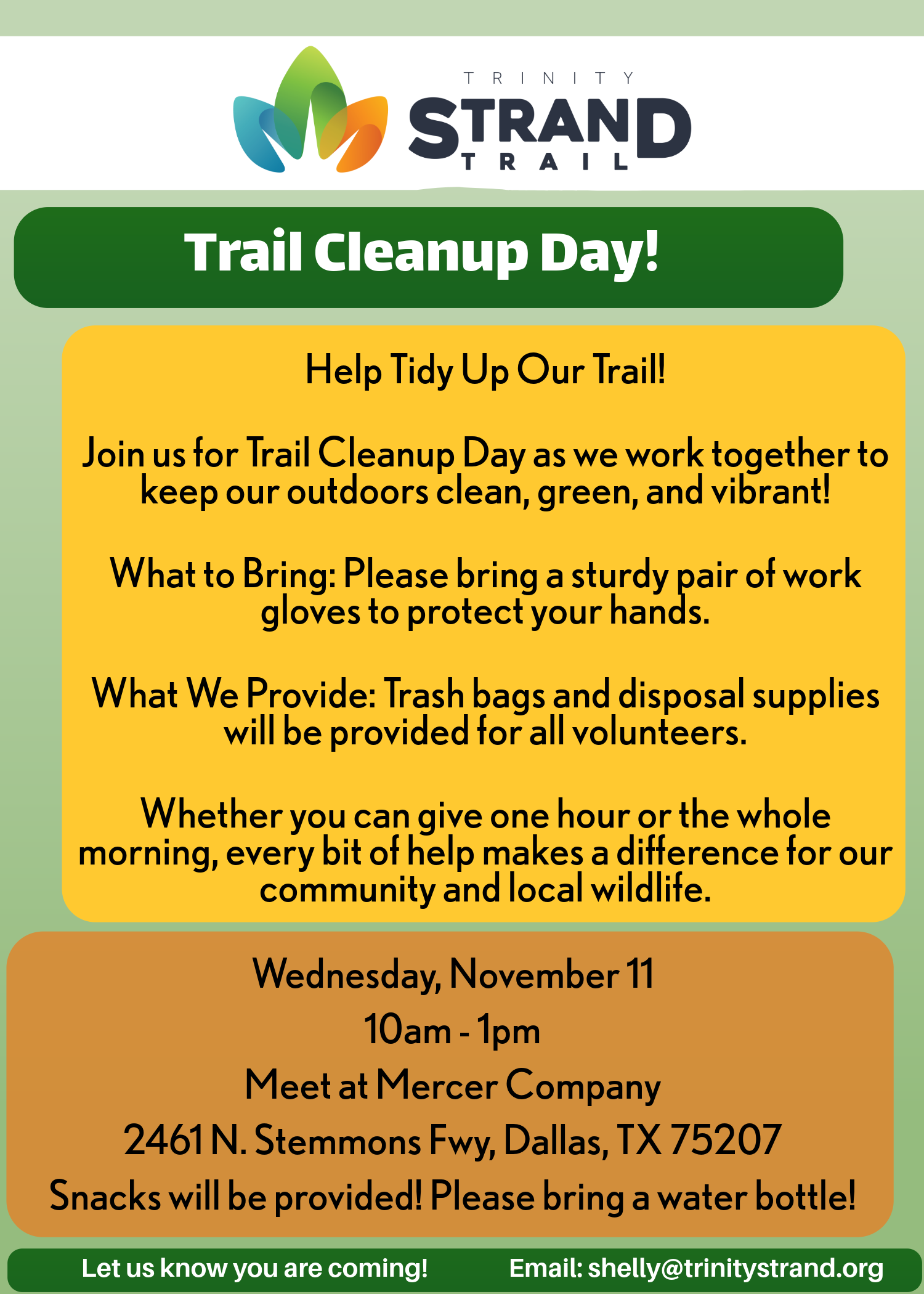 Trail Cleanup Day flyer: Wednesday, November 11, 10am to 1pm, meet at Mercer Company, 2461 N. Stemmons Fwy, Dallas