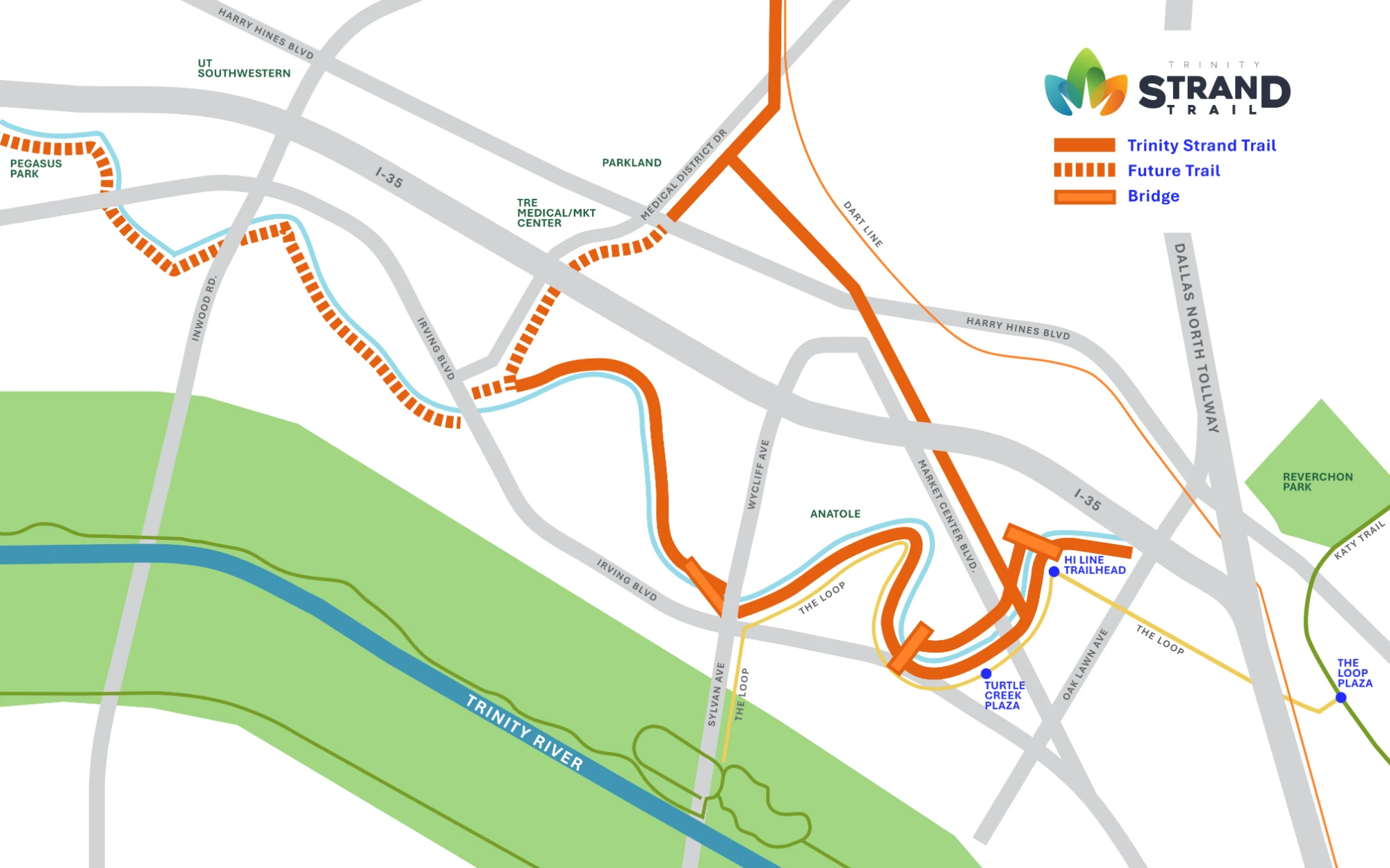 Map of the Trinity Strand Trail in Dallas, showing the completed trail, future segments, Pegasus Park, the Hi Line Trailhead, Turtle Creek Plaza and The Loop