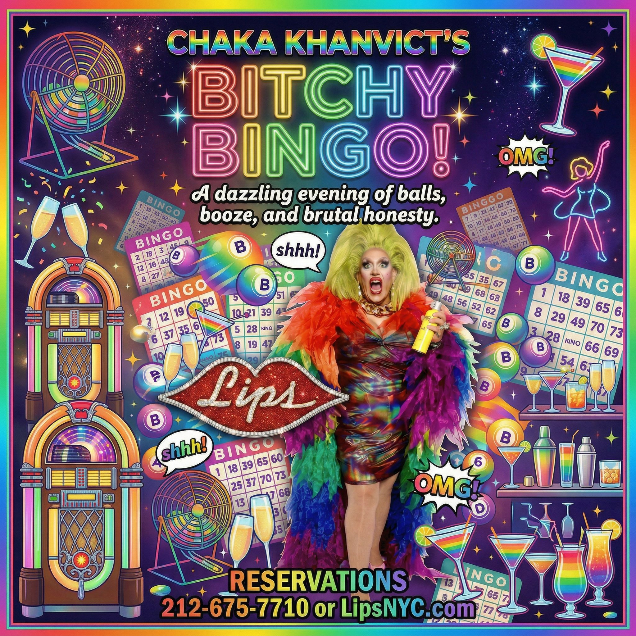 Promotional poster for Chaka Khanvic's Bingo event with neon-style text, images of bingo cards, slot machine, cocktail glasses, and a woman in colorful attire, celebrating with a microphone. Text promotes reservations and contact information.