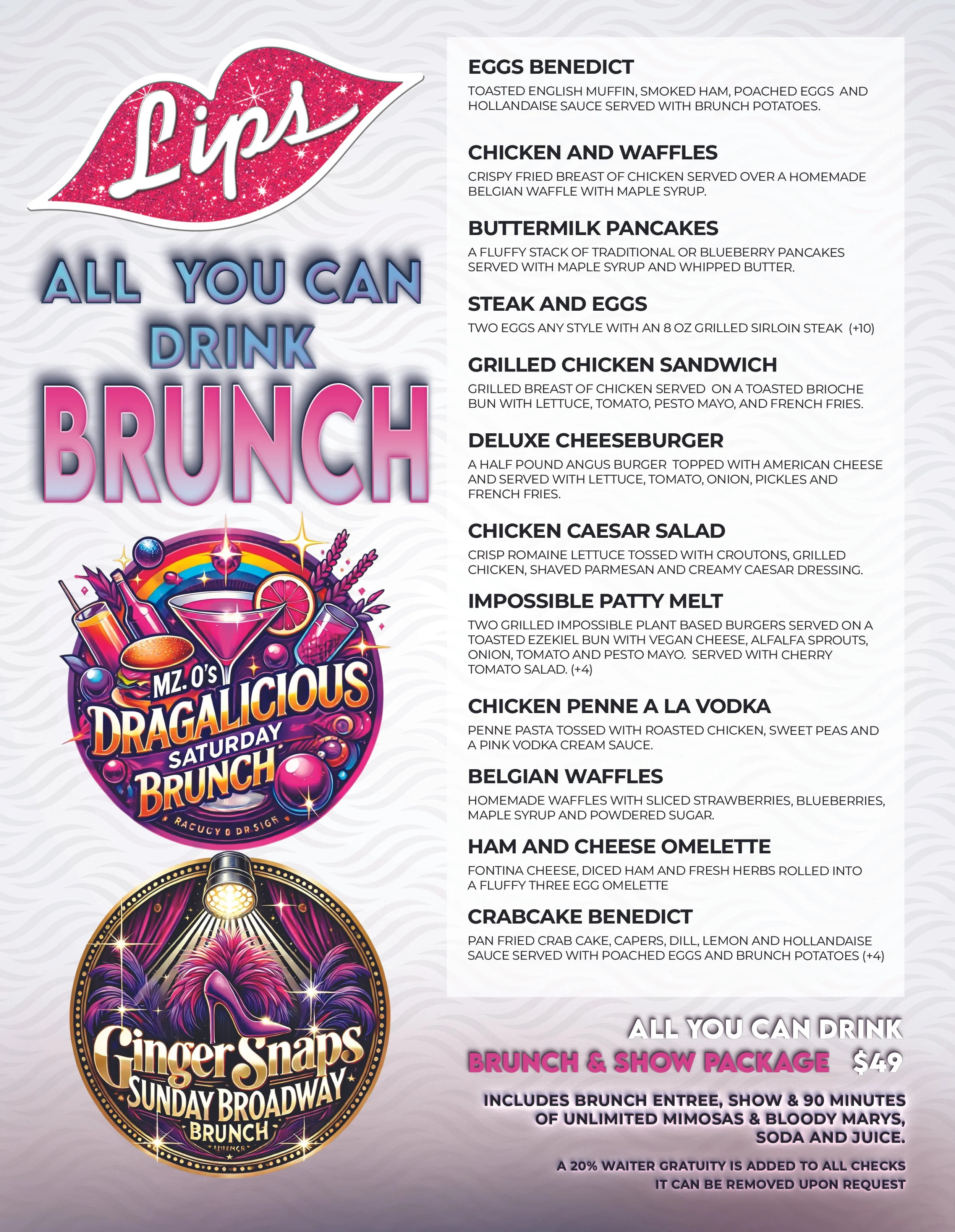 A section of a menu for a brunch and show event featuring colorful circular logos with fancy text, listing various brunch dishes and a package deal for the event.