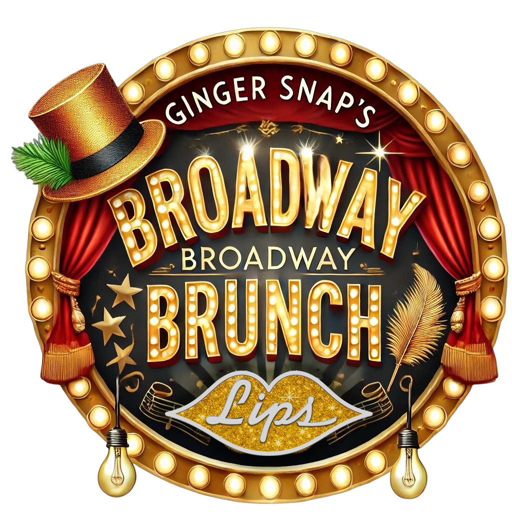 Decorative sign for Ginger Snap's Broadway Brunch with a gold marquee border, red curtains, a gold hat with green leaves, gold feather, and light bulbs, featuring bright, vintage-style lettering.