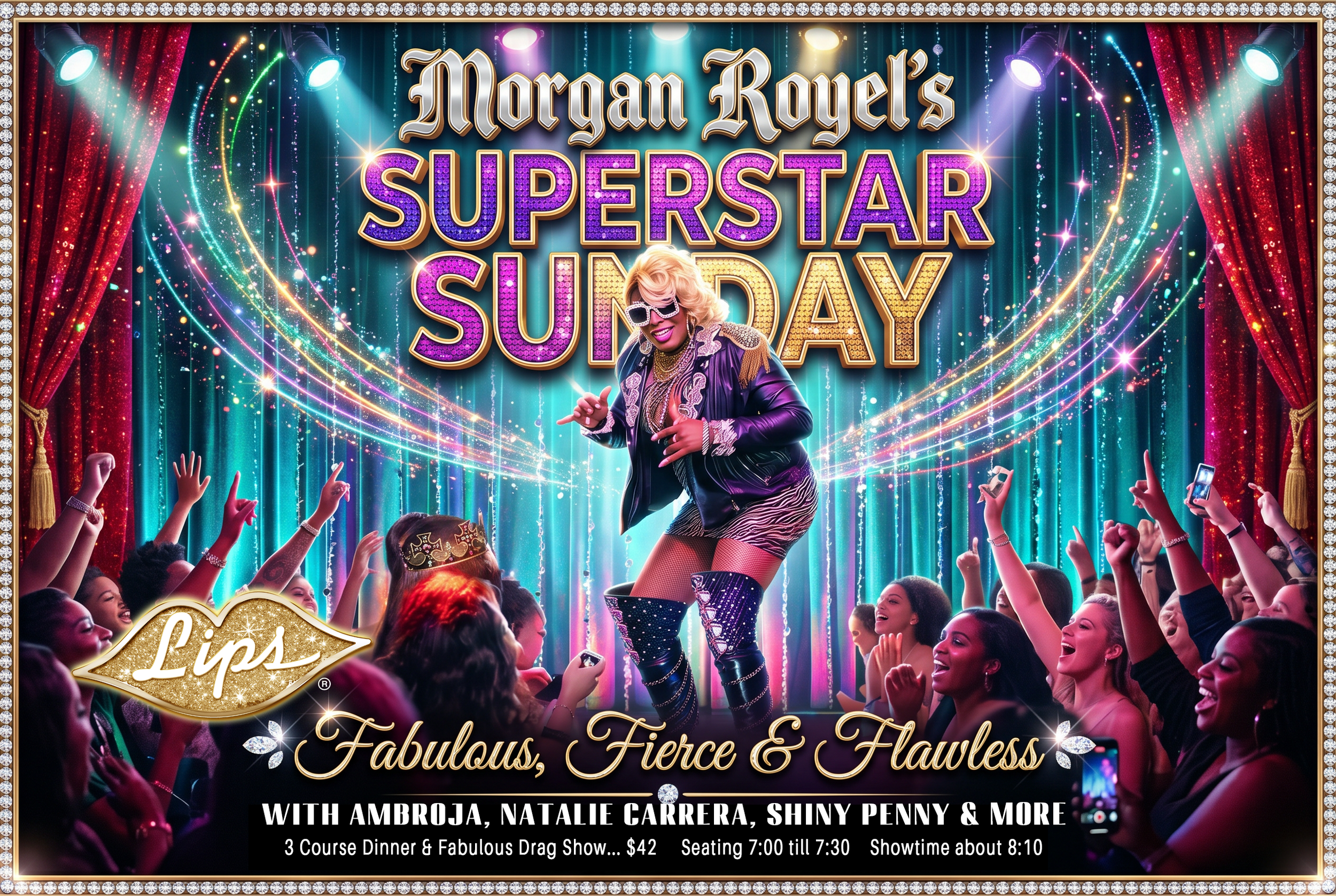 Poster for Morgan Royel's Superstar Sunday featuring a performer on stage in front of an audience, with colorful lights, red curtains, and diamond-like decorations, advertising a drag show with multiple performers and details about the event.