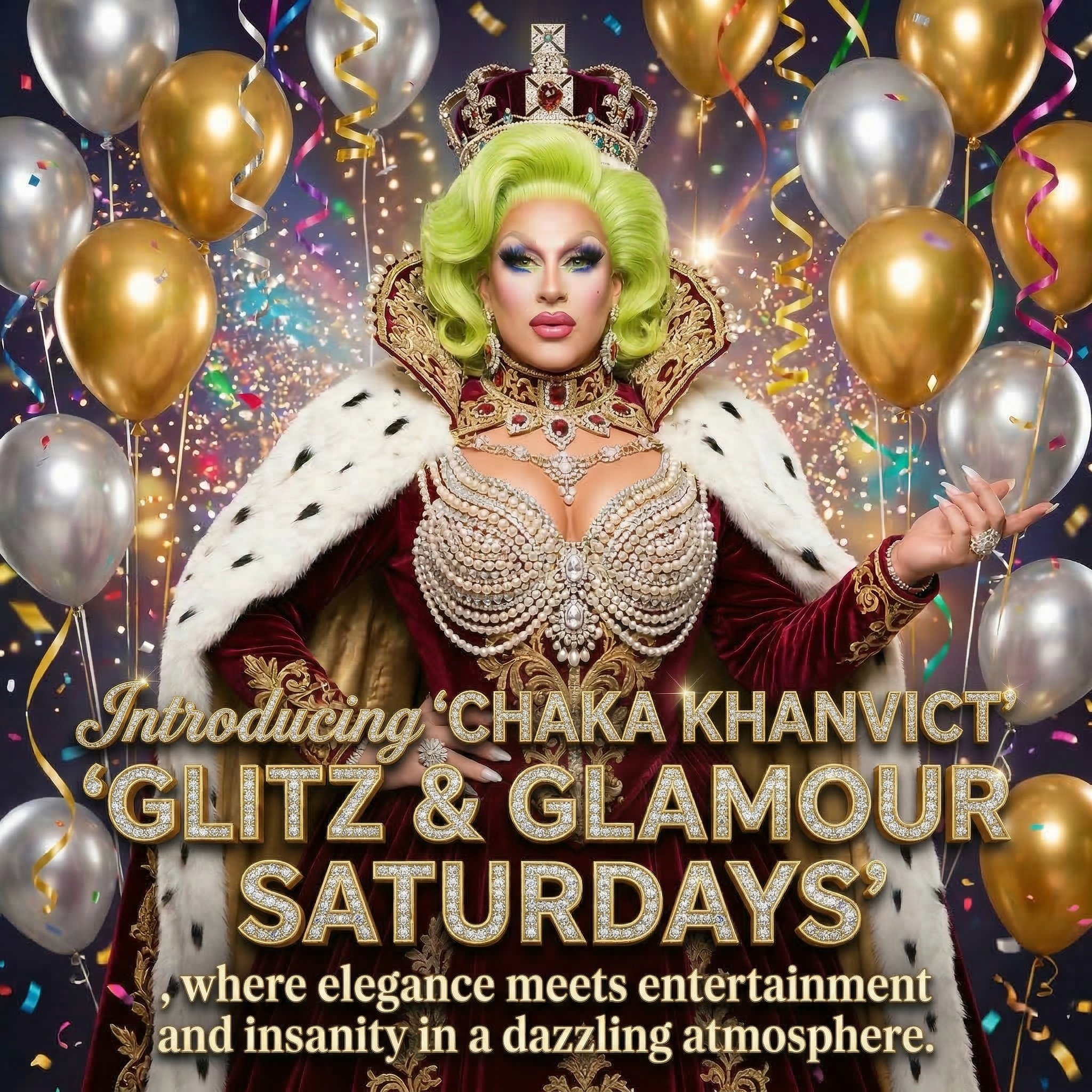 A person dressed as a king or queen with lime green hair, ornate jewelry, and a crown, standing amidst balloons and celebratory confetti.